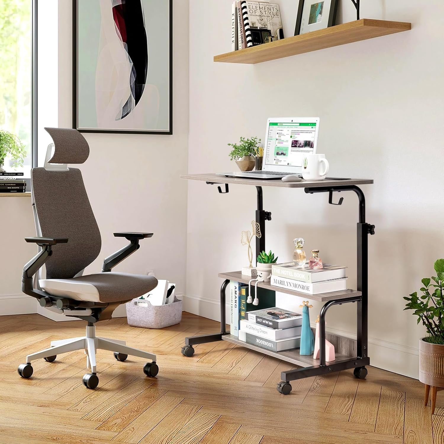 FCH 31.5" Mobile Small Standing Desk, Adjustable Height Mobile Computer Desk, w/2 AC Outlets + 3 USB Ports & Hooks, Storage Shelves, Suitable for Gaming, Studying, Home Office, Gray