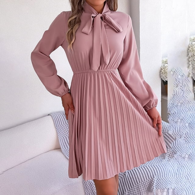 Gspmoly Robes Grande Taille pour Femmes aux Formes, Robe de Soirée pour Femmes au Tempérament Uni avec Ceinture, Manches Longues, Jupe Plissée, jusqu'à 70 % de Rabais