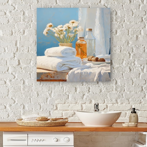 Designart "Coastal Towels in White and Orange Laundry I" Illustration Canvas Wall Art - Modern White Laundry Bedroom Canvas Wall Art