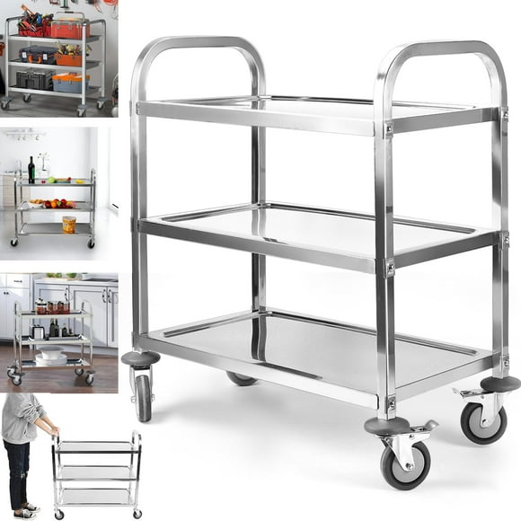 IAJXWI Large 3 Tier Stainless Steel Utility Cart, 37.4 x 19.7 x 37.4 inch Kitchen Trolley Cart, Heavy-Duty 330 lbs Load Capacity with Secure Lockable Wheels, Sliver