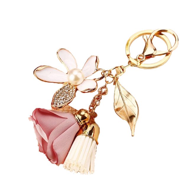 Llavero de flor Borla de diamantes de imitación Llavero de hoja Mujer Cartera Bolso Colgante Charms Chica corazón flor borla llavero coche llavero femenino bolsa de metal llavero colgante regalo crea