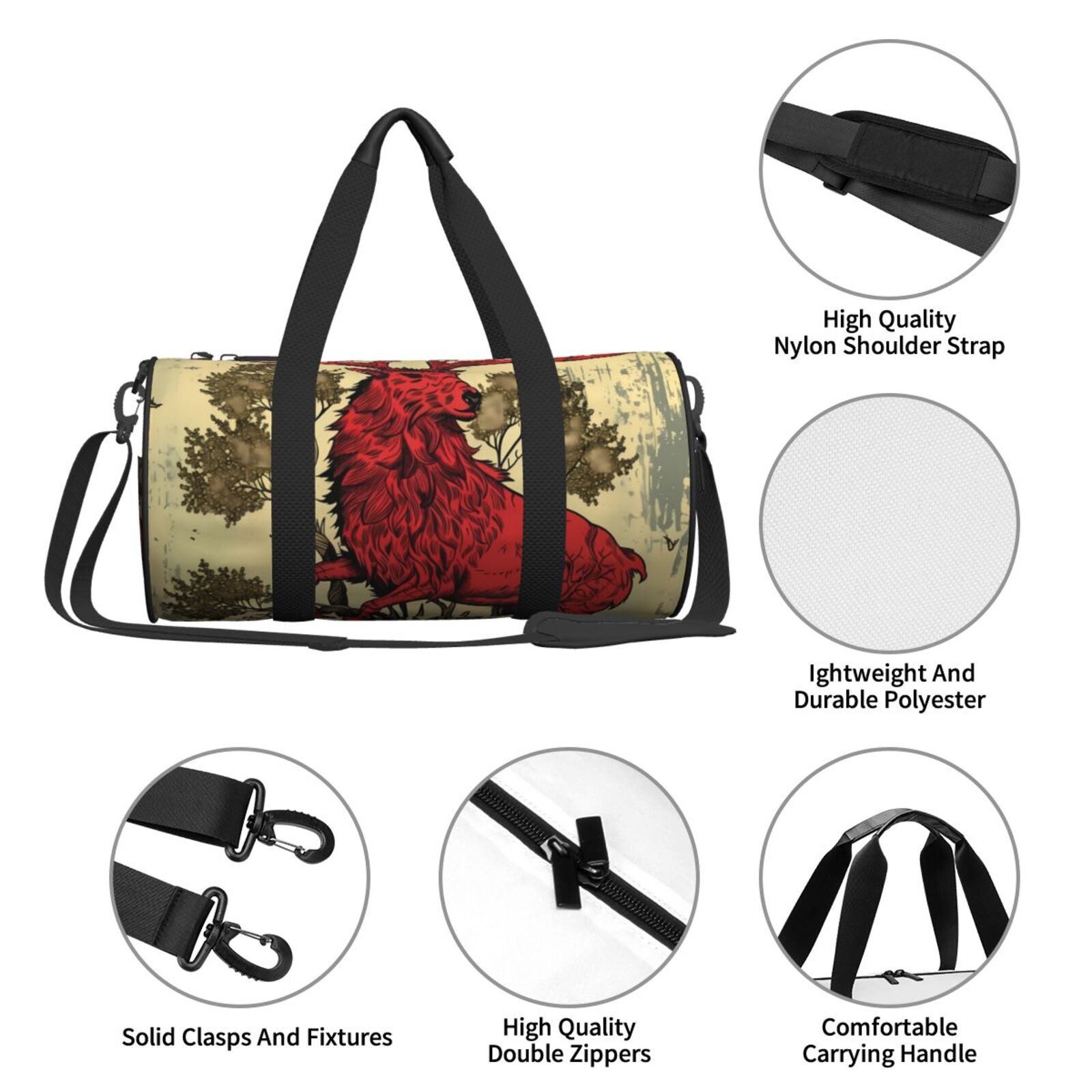 Vsdgher Mythical Red Stag Illustration 45L Foldable Duffel Bag, Sports Gym Bag,Overnight Bag, Portable Weekender Bag for Airplanes