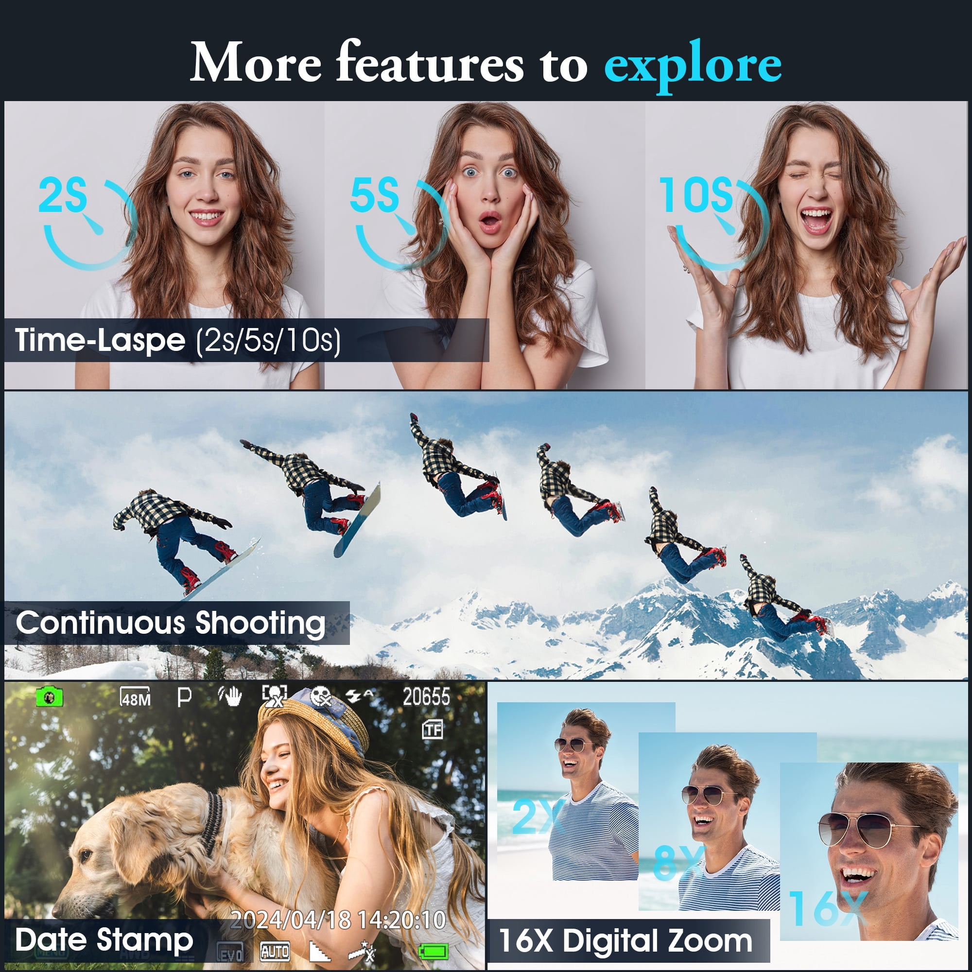 Digital Camera 4K Autofocus Anti-Shake 16X Zoom 48MP Compact Point and Shoot Digital Camera with 32GB Micro Card, Brown