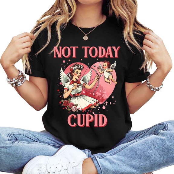 Women's "Not Today Cupid" Graphic T-Shirt, Short Sleeve, Black, Casual Valentine's Day Humorous Top