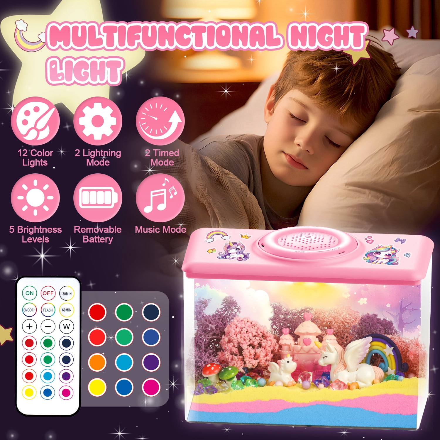 Caunedy Unicorn Terrarium Kit for Kids,Night Light with Remote & Music,DIY Arts and Crafts Kit,Perfect Gifts for Kid Aged 4-12