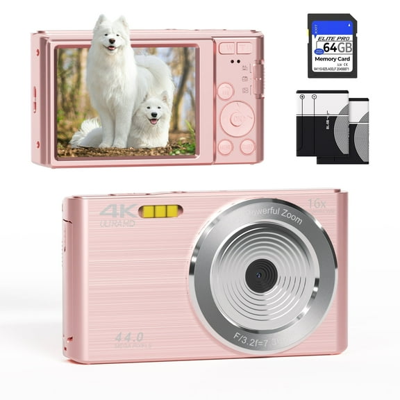 KEEPBERRY 4K Compact Digital Camera,Auto Focus 16x Zoom, 64GB TFCard, Lightweight, Pink, for Teens