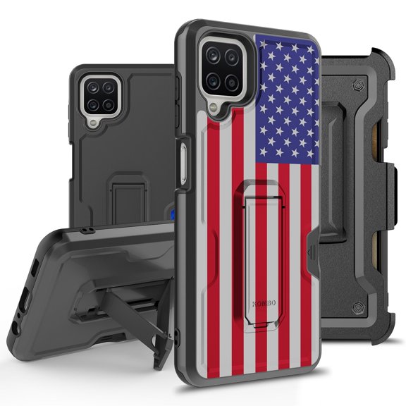 ANJ Rugged Hybrid Shockproof Case w/Kickstand Holster Clip Card Slot Cover for Samsung Galaxy A12 (2021 Release) - US Flag