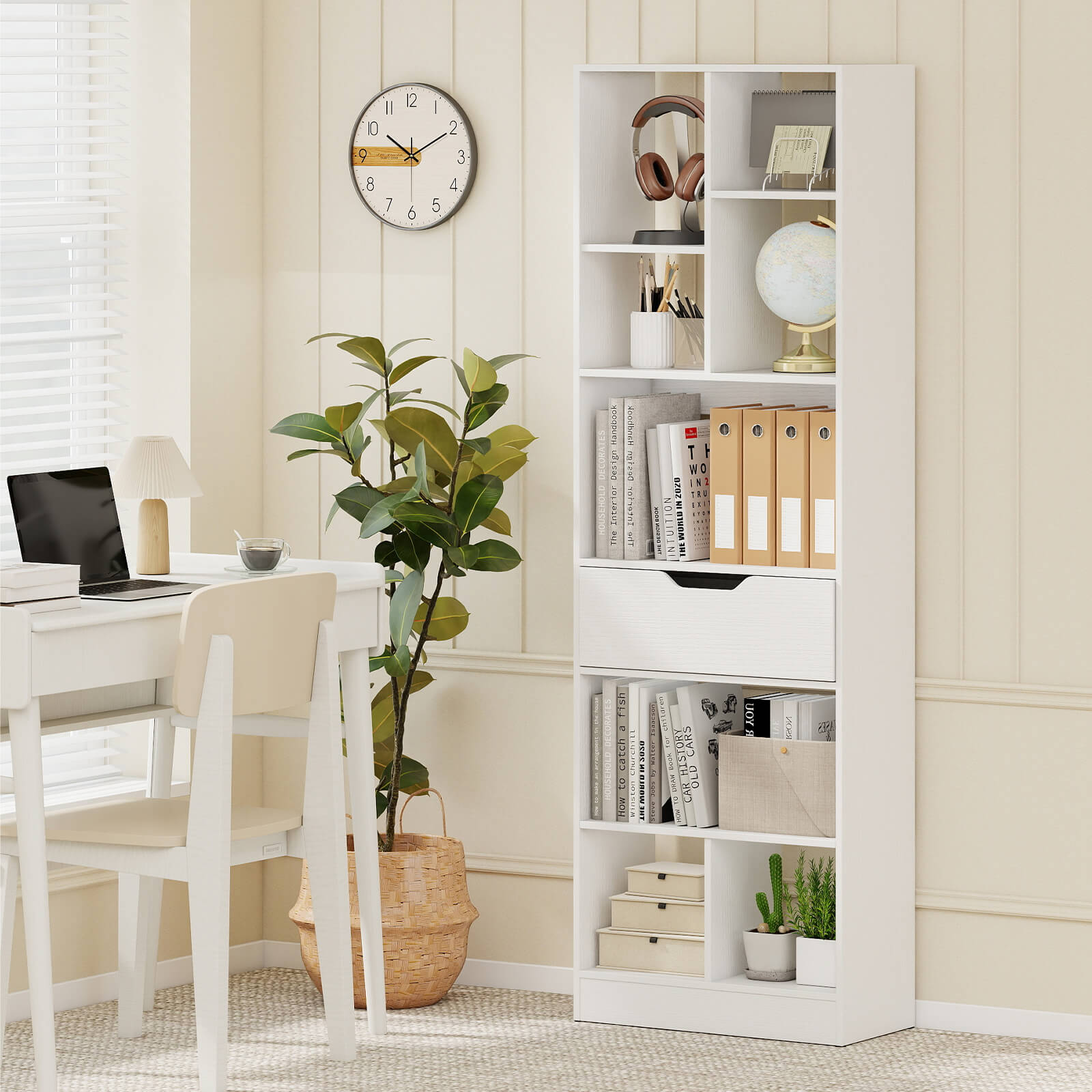 Costway 1 PCS 61” Bookcase with Drawer, 8 Open Cubes, Anti-toppling Kits for Living Room, Study White