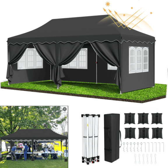 LAZY BUDDY 10'x20' Pop up Canopy Tent with 6 Sidewalls, Heavy Duty Outdoor Canopy Tent Commercial Instant Folding Sun Shelter for Party, Wedding, Camping