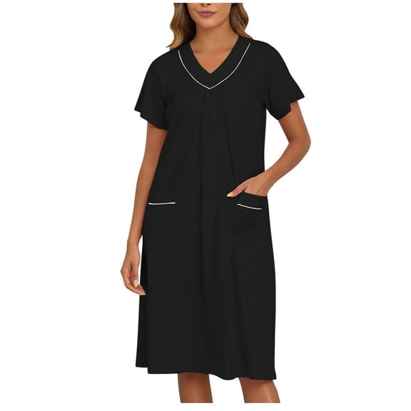 Lorytime Cotton Nightgowns for Women Short Sleeve Plus Size Bathrobes V Neck Short Sleeve Pajamas with Pockets Sleepwear