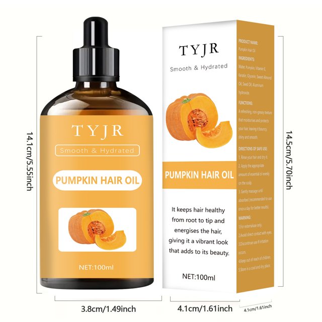 aceite esencial de semilla de calabaza para el cuero cabelludo - 100 ml esencia capilar suave y nutritiva frasco ámbar de 100 ml con cuentagotas y caja blanca y naranja; vista frontal centrada que muestra etiqueta con ilustración de calabaza y texto "PUMPKIN HAIR OIL"; según la ficha, aporta nutrición capilar y suavidad al aplicarse ligeramente en medias puntas y puntas; también suele usarse para masajes capilares ligeros.