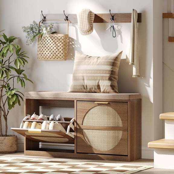 Rattan Entryway Bench with Seat Cushion & Coat Rack, Shoe Storage Cabinet with 2 Flip Drawers, Narrow Shoe Rack, 5 Sturdy Metal Hooks, Rustic Oak Rattan