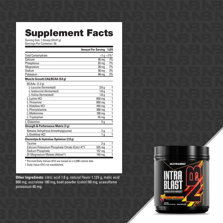 NutraBio Intra Blast BCAA EAA Powder, 30 Servings, Strawberry