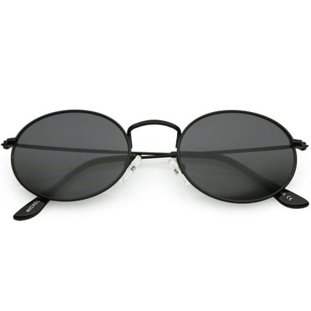 Small Metal Oval Sunglasses Slim Arms Neutral Colored Lens 51mm (Black / Smoke)