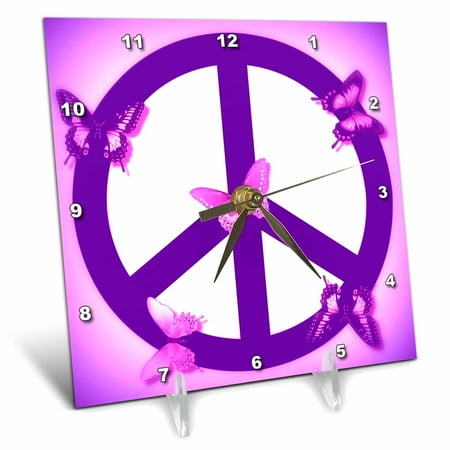 Camouflage Peace Sign 3dRose Pink and Purple Peace Sign and Butterflies- Inspirational Art, Desk Clock, 6 by 6-inch ()