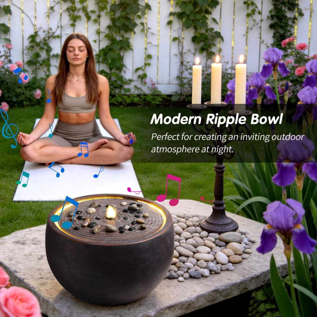 19.3" Modern Zen Bowl Water Fountain with Warm LED Light, Large Outdoor Patio Water Feature, Weather-Resistant Dark Stone-Look Fountain with Calming Water Flow for Backyard, Garden & Home Decor