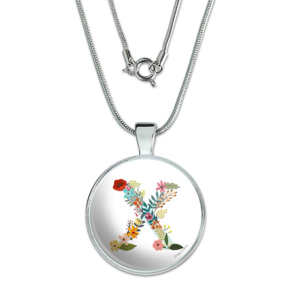 Letter X Floral Monogram Initial 1" Pendant with Sterling Silver Plated Chain