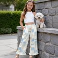 thumbnail image 5 of COEQINE Girls Wide Leg Pants with Ruffle Hem, High Waist Full Length Casual Pants Baggy Straight Trousers Trendy Kids Clothes for 7-8 Years, Blue Bow Polka Dots Patchwork, 5 of 8