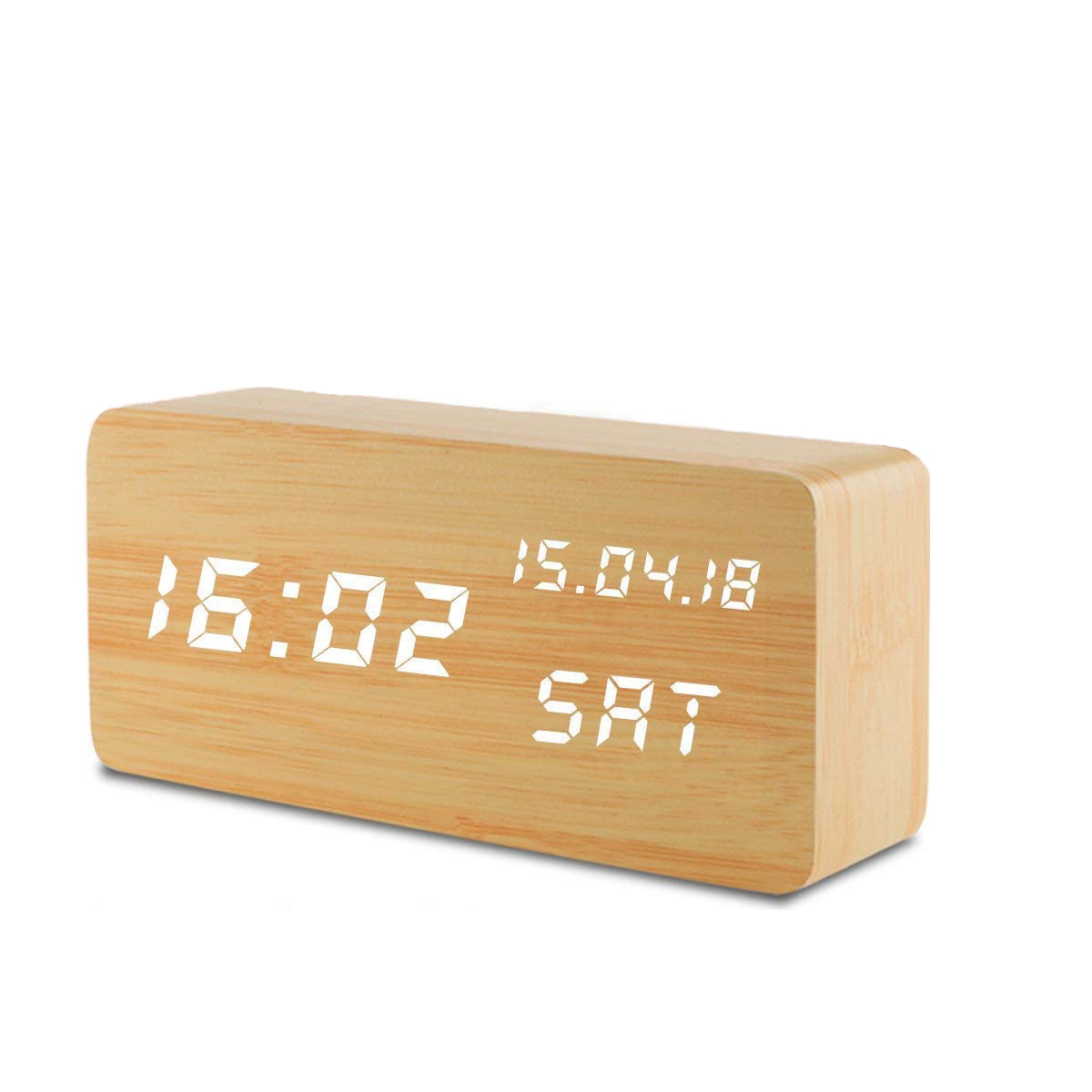 ACMEDE Wooden Travel Digital Cube LED Alarm Clock Desk Alarm Clock with 3 Brightness Adjustable,3 Set of Alarm,Dual Power,Voice Control,Time/Week/Date/Temperature/Humidity Displaying 