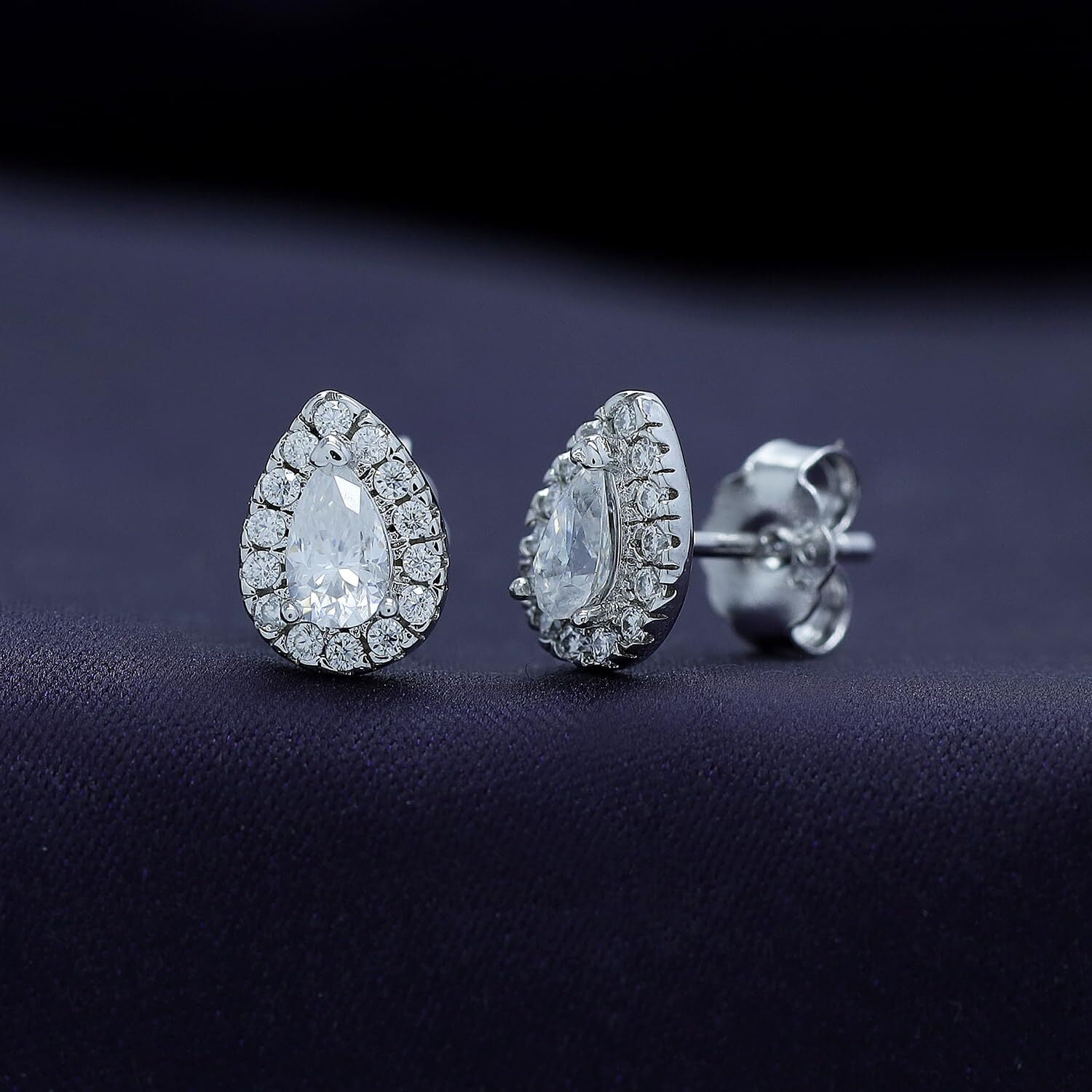 18k White Gold Plated Sterling Silver Post Halo Stud Earrings | 1/2 ctw Teardrop Moissanite Diamond Stud Earrings for Women | Push Back Earrings For Her (0.50 Ctw)