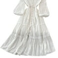 thumbnail image 3 of YM YOUMU Women V-neck Puff Sleeve Dress Lace Trim Single Breasted A-line Elastic Waist Beach Holiday, 3 of 4