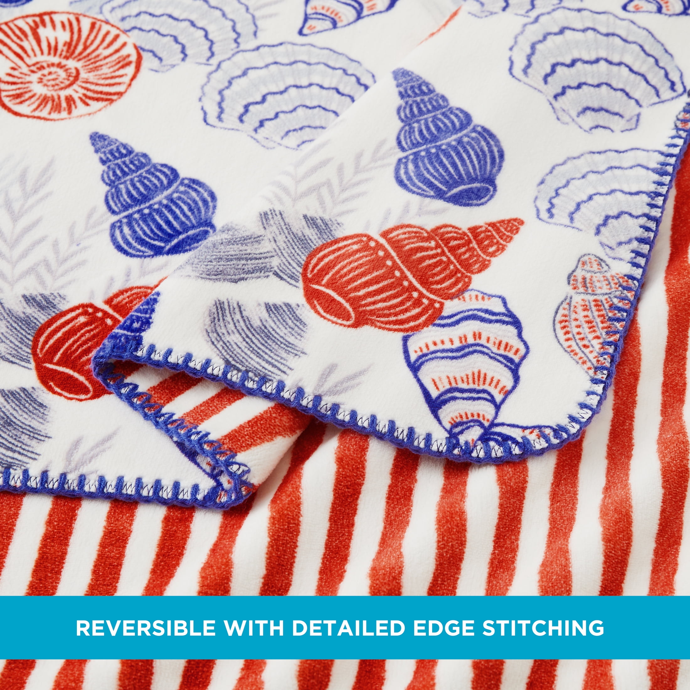 Coastal Living Throw Blanket, Reversible Plush Fleece Blanket for Couch, Blue & Orange Seashells, 50" x 72"