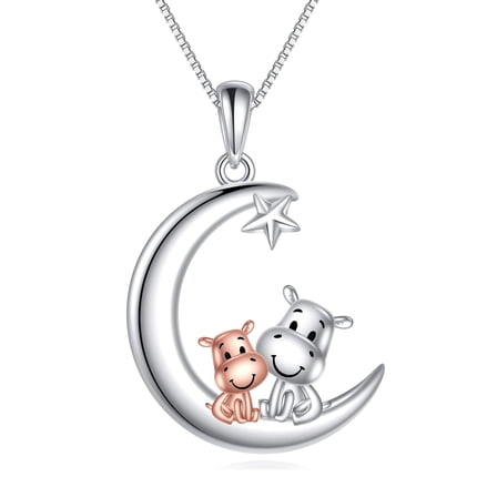 JUSORA Hippo Necklace 925 Sterling Silver Mother  Pendant Necklace Animal Jewelry Gifts for Women