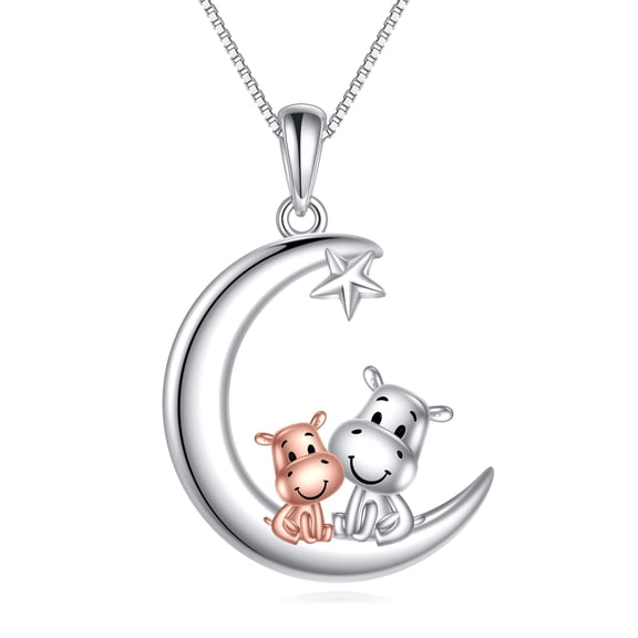 JUSORA Hippo Necklace 925 Sterling Silver Mother  Pendant Necklace Animal Jewelry Gifts for Women