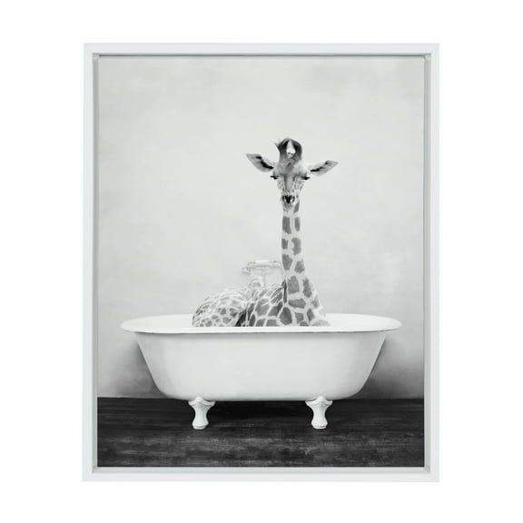 Kate and Laurel Sylvie Giraffe 2 in the Tub Framed Canvas Wall Art by Amy Peterson, 18x24 White, Whimsical Animal Art for Wall