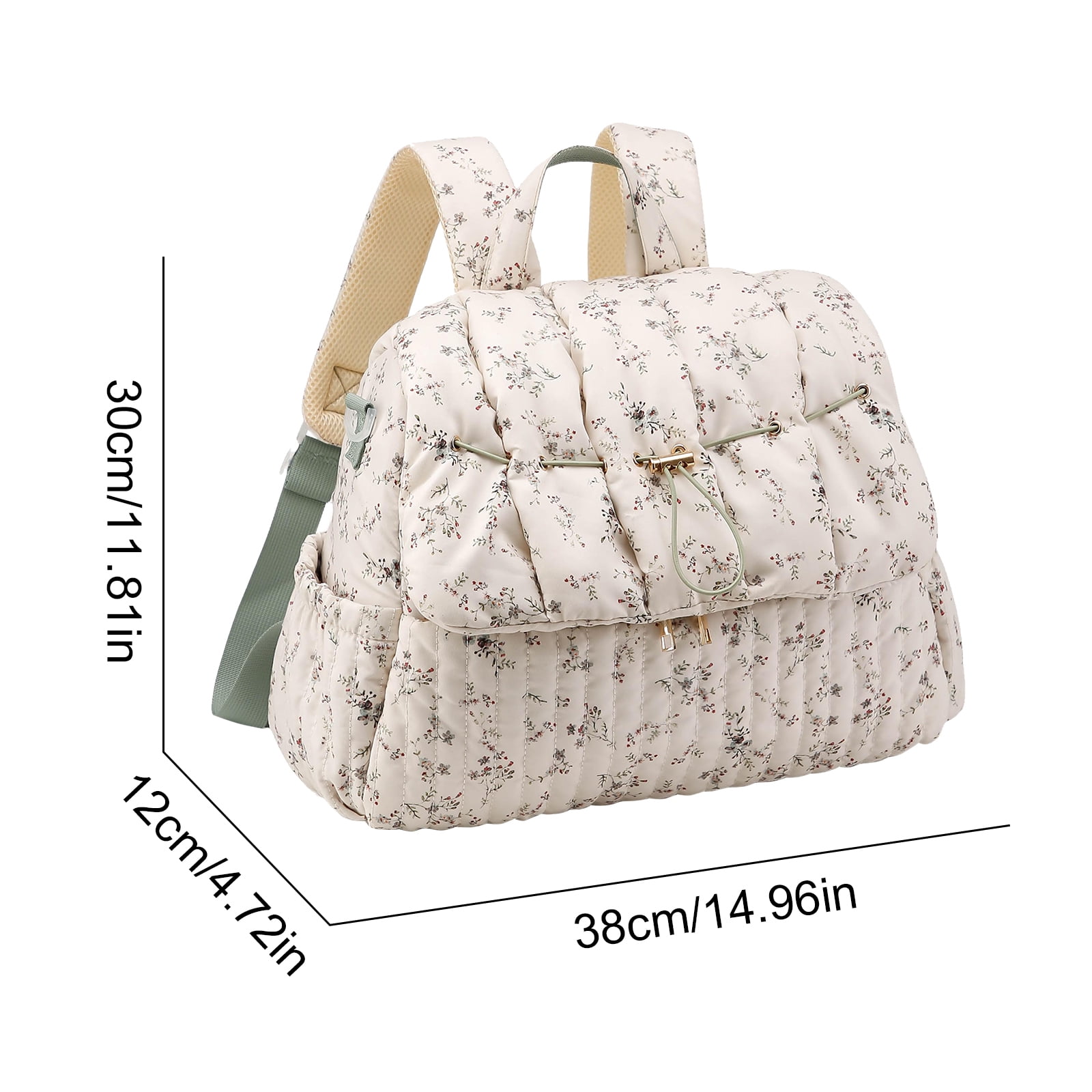 HAHUT Aesthetic Quilted Floral Diaper Bag Backpack with Stroller Straps, Multi-Functional Nylon Embroidered Laptop Backpack for Work Travel Casual (Green)