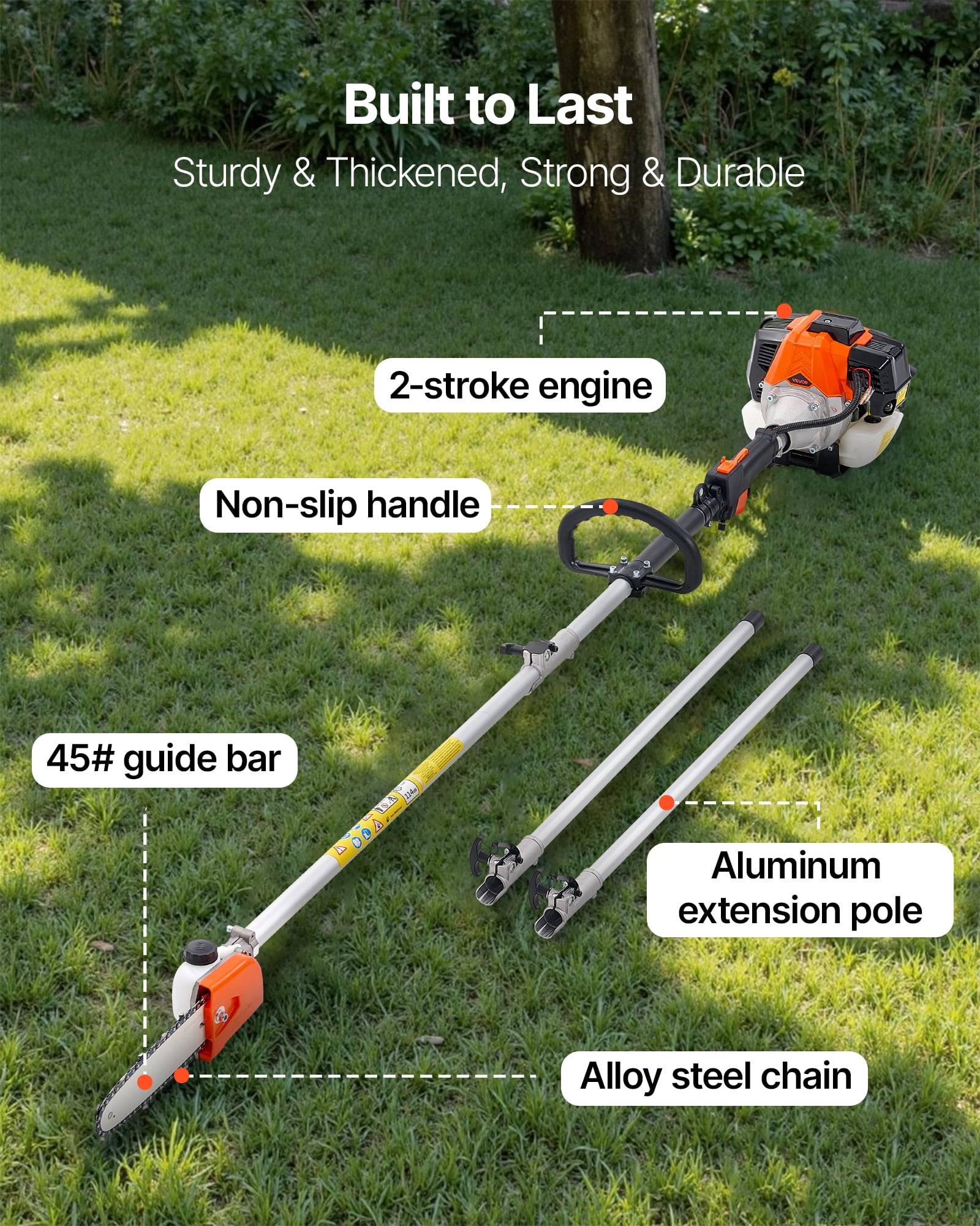 VEVOR Gas Pole Saw, 33CC 2 Stroke Gas Powered Pole Saws with 8 in Cutting Bar, Cordless Tree Trimmer with 30 fl.oz Fuel Tank, 6.7 to 11.6 ft Extendable, Powerful Chainsaw for Tree Trimming Pruning