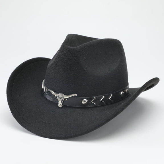 Western Cowboy Hat with Bull Head Ornament Ethnic Style Wool Felt Fedora for Men and Women Rolled Brim Jazz Hat Vintage Outback Cattleman Hat