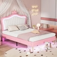 thumbnail image 3 of THOWDEE Full Size Princess Platform Bed with Crown Shape Headboard, Upholstered Bed Frame with LED Lights, 76"L X 57.9"W X 55.1"H 500 Lbs Load, White+Pink, 3 of 9