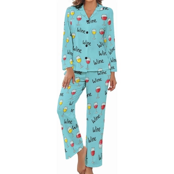 Top-kevin Womens Pajamas Set Wine Glasses Pattern Soft Long Sleeve Sleepwear Button Down Nightwear Pj Lounge Sets