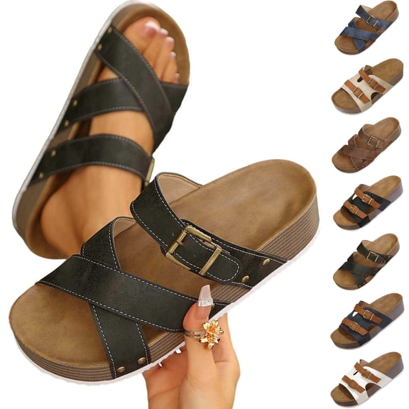 Slide Sandals for Women Plus Size Buckle Strap Round Toe Open Toe Breathable Soft Sole Thick-Soled Beach Slippers(Balck,Size:36)