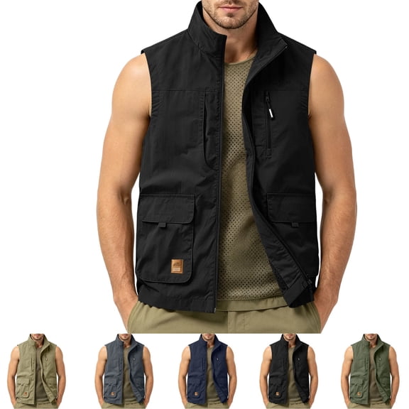 GrmtClth Men's Stand Collar Zipper Vest Multiple Flap And Zip Pockets Lightweight Sleeveless Top Outdoor Leisure Casual Waistcoat Black 3XL