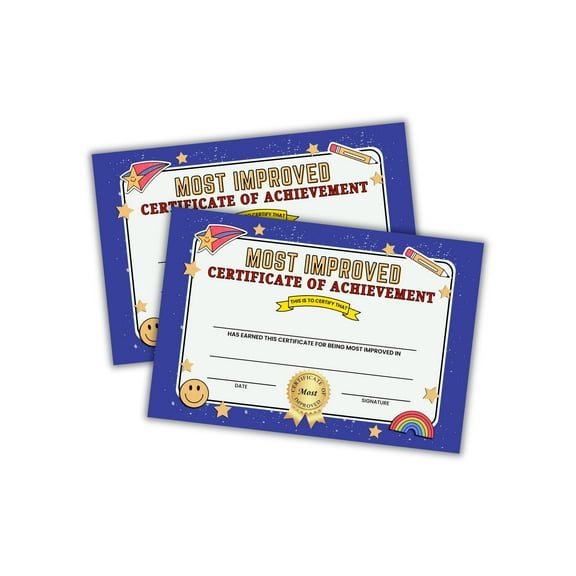 Most Improved Certificate of Achievement 30pk 6x9 Elementary Middle School Award for Writing Academics Sports Outstanding Excellence