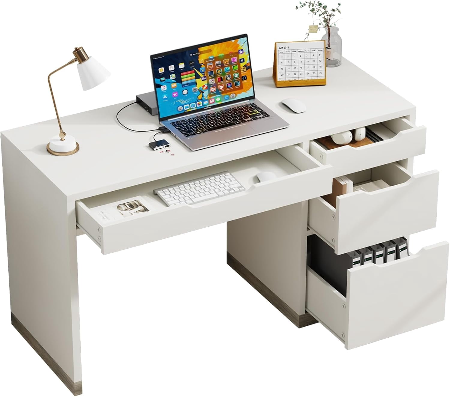 DreamCurship 52 inch White Desk with 4 Storage Drawers, Home Office Desk for Small Spaces, Computer Desk with File Cabinet, White