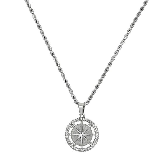 murtoo Stainless Steel Compass Pendant Necklace for Men Women, 18 Inch Twist Rope Chain Nautical Jewelry