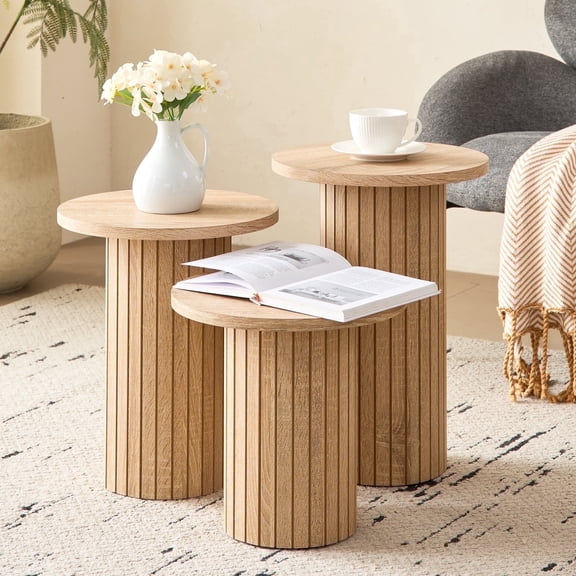 3-Piece Nesting Coffee Table Set, Modern Small Round Wood Side Tables, Fluted Drum Base, for Living Room, Bedroom, Apartment, Small Space, Sofa, Natural