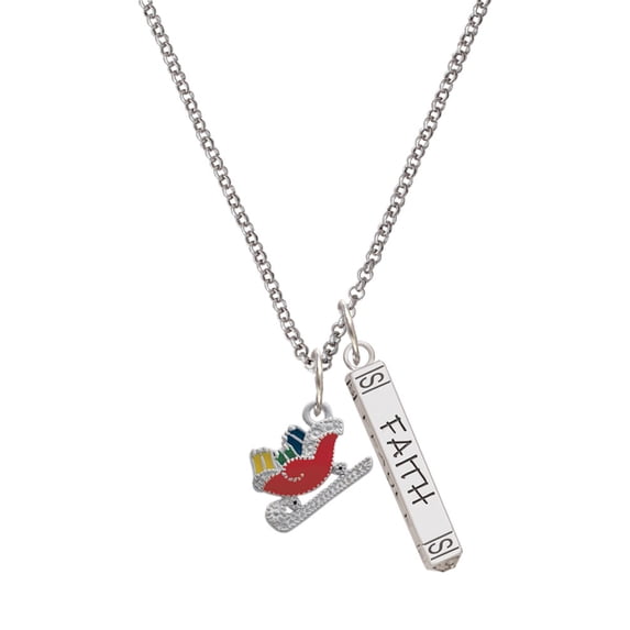 Delight Jewelry Silvertone Red Christmas Sleigh Silvertone Believe Faith Prayer Hope Bar Charm Necklace, 23"