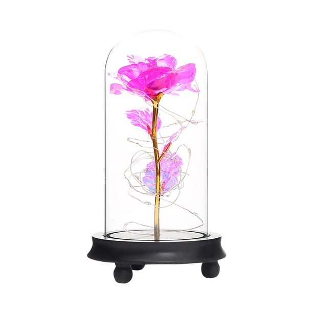 Fiudx Rosa de Cristal Romántica, Elegante Luz Led, Vidrio de Borosilicato Alto, Base de Madera, Ideal para Decorar Mesas o Dormitorios, Regalo de San Valentín o Aniversario, 11,5 X 21,5 Cm.