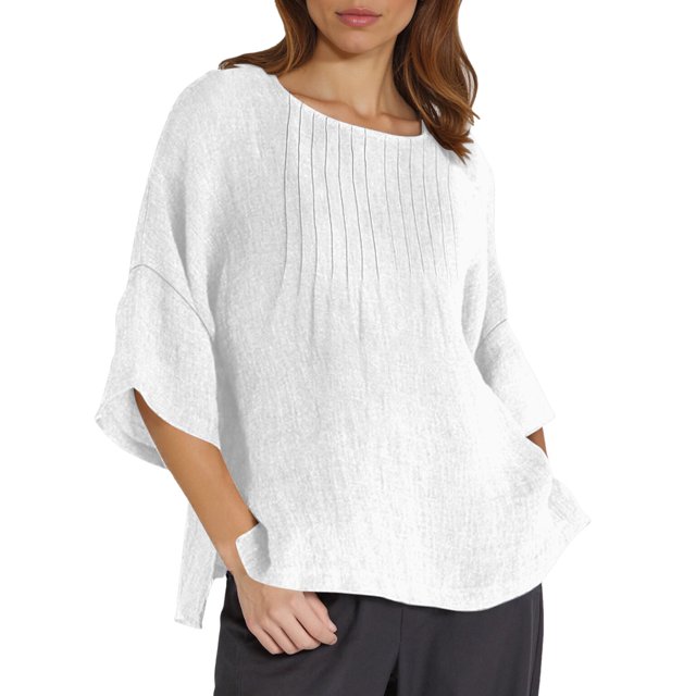 Youmylove Hauts d'Été pour Femmes T-Shirt Manches 3/4 Col Rond Imprimé Floral Ample T-Shirts Tunique en Lin Décontractée Blouse Tee Décontractée