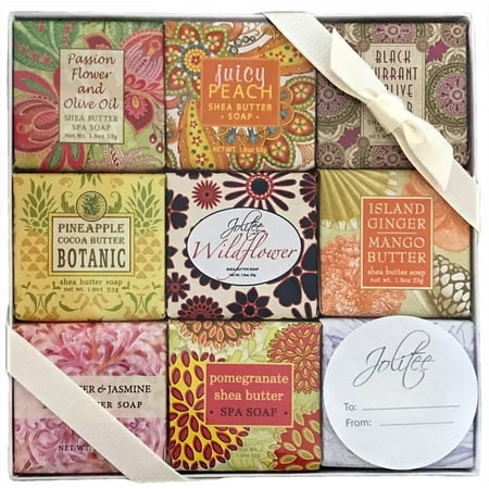 - French Milled Botanical Soap Sampler Set in Nine Fabulous Scents, Individually Wrapped Vegetable Based Mini Soaps with Essential Oils, Shea Butter and Natural Extracts (Flowers and Fruits)