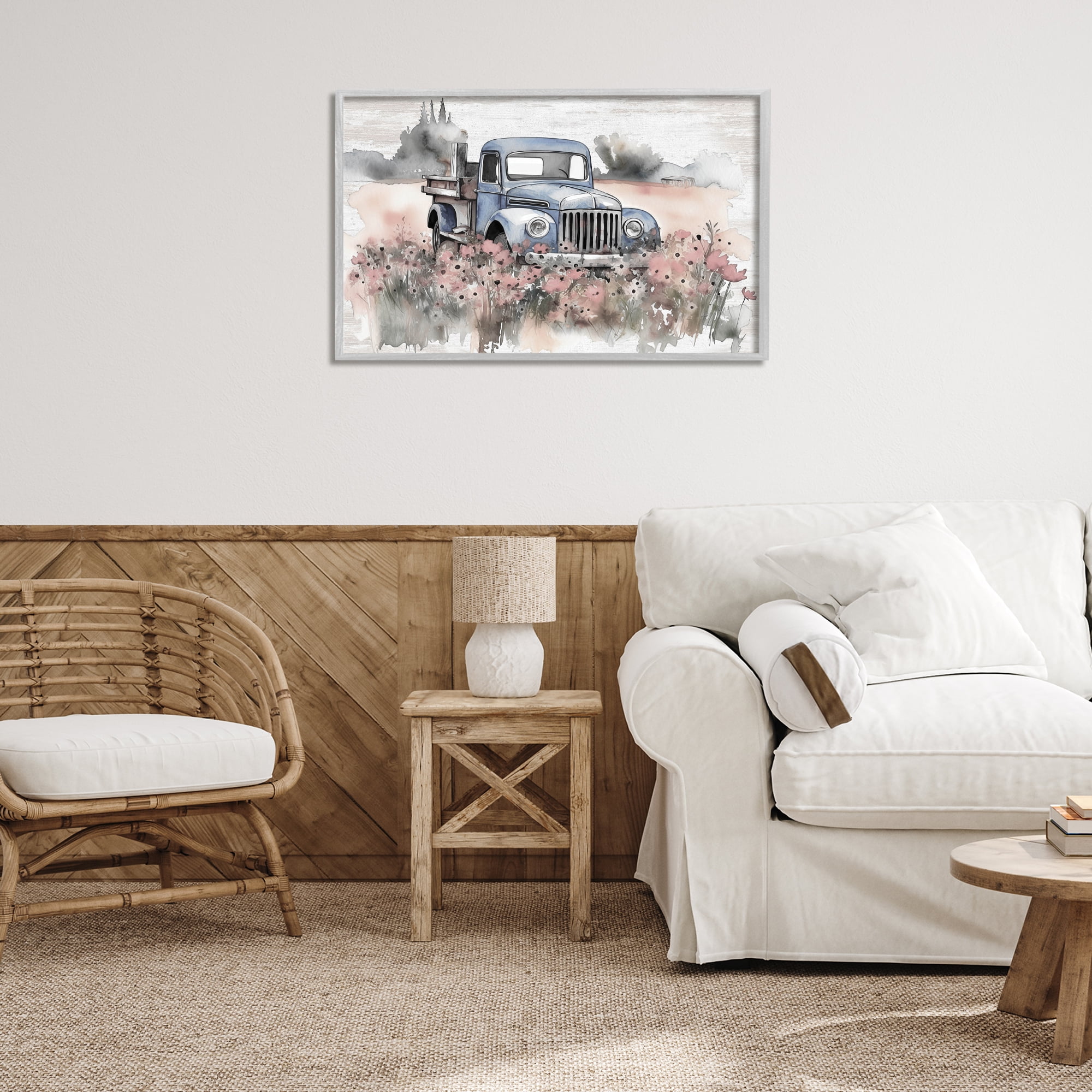 Stupell Industries Pickup in Floral Meadow Transportation Painting Gray Framed Art Print Wall Art, 30 x 20