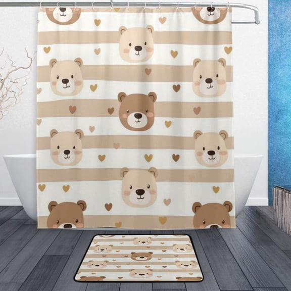 Bath Curtain & Non-Slip Bath Mat Set 12-Grommet Shower Curtain Memory Foam Bath Rug Cute Bear Face Pattern