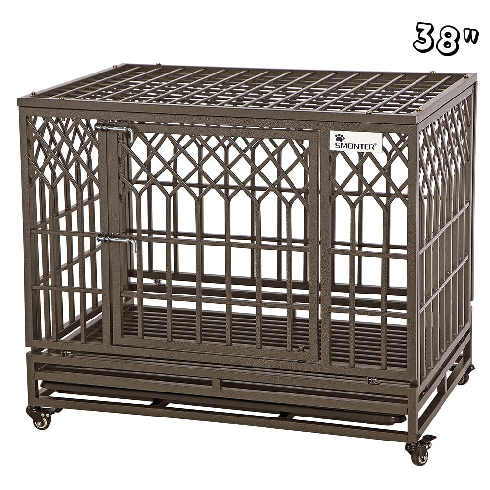 Dark Silver Y Shape Large Dogs Cage with Wheels SMONTER 46 Heavy Duty Dog Crate Strong Metal Pet Kennel Playpen with Two Prevent Escape Lock 