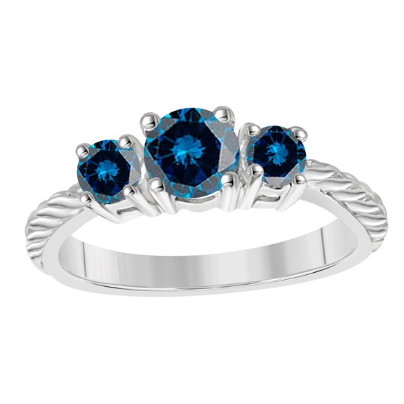 AoneJewelry Aone Jewelry 1.25 Carat (Color Blue, Clarity I2-I3) Round Shape Blue Diamond Three Stone Engagement Ring In 10k Gold (Rose, White, Yellow)