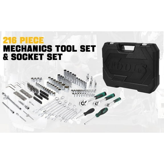 AOILE 216-Piece SAE & Metric Mechanics Tool Set with Socket Wrench Kit in Storage Case