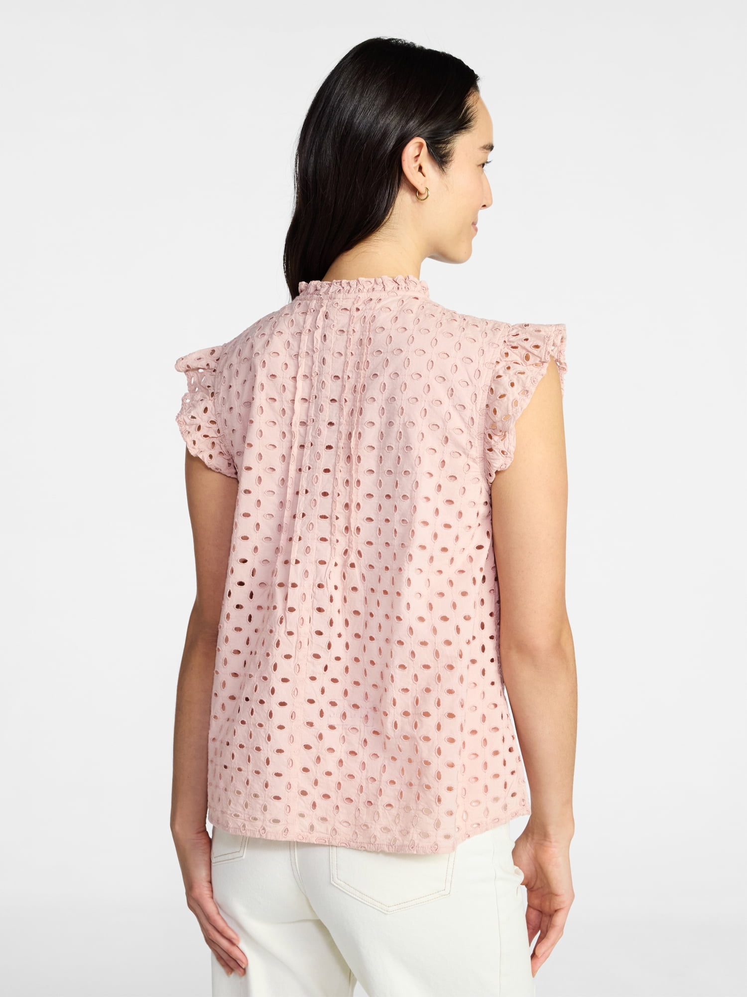Time and Tru Women's Cotton Eyelet Top with Short Flutter Sleeves, Sizes XS-XXXL